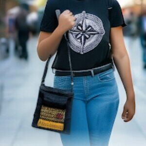 NWOT DENIM FOLDOVER BAG WITH 4 ZIPPERED POCKETS - FRONT DETAILED STITCHING FRONT